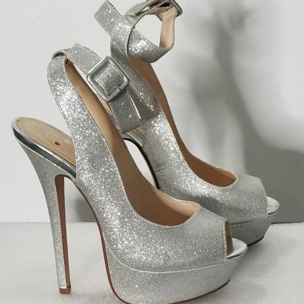 Silver Peep Toe Stiletto Heel Sexy Pumps, 7.5